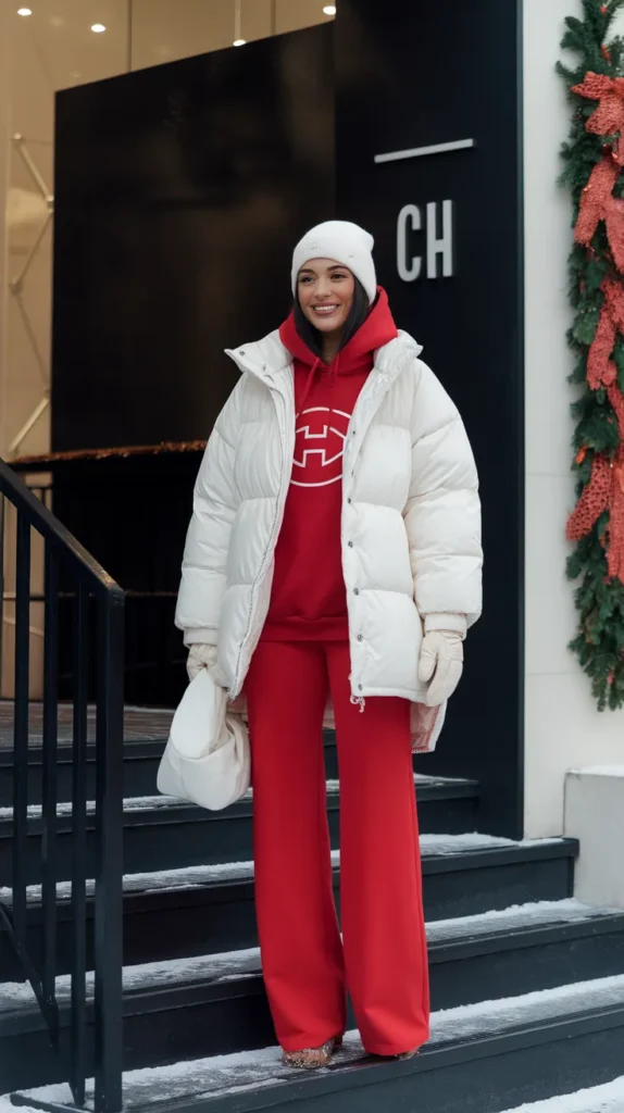 Red Hoodie with Red and White Pants Outfits