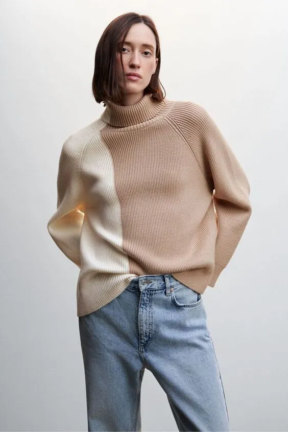 Two tone color block turtleneck sweater