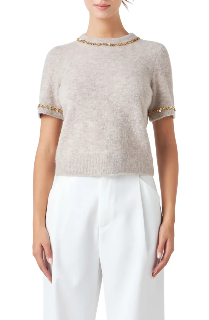 Endless Rose Paillette Trim Short Sleeve Sweater