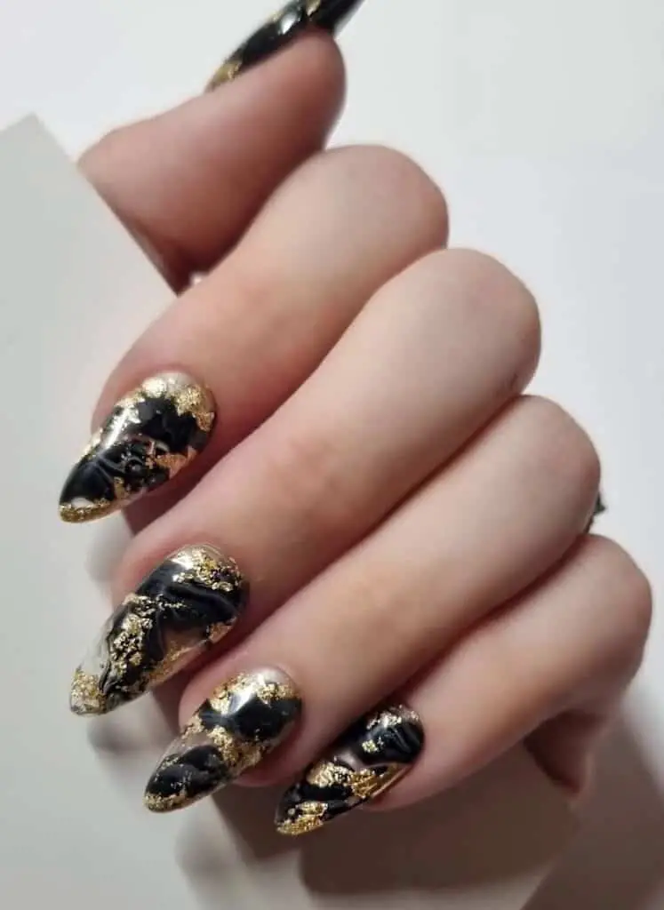 Black Marble Nails with Gold Flakes