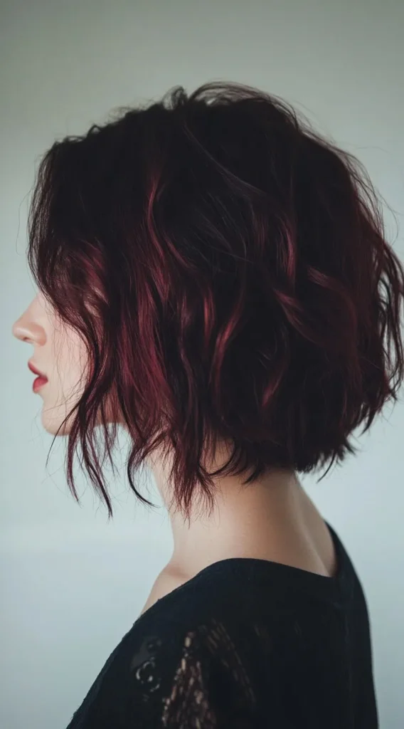 Short wavy bob with bold cherry cola streaks